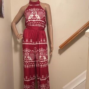 Elegant Red Patterned Halter Jumpsuit